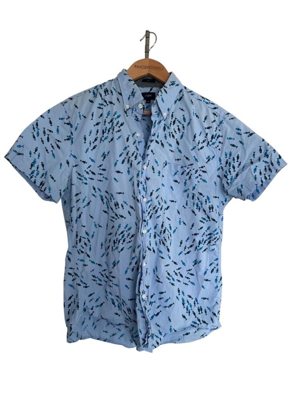 J Crew Men's LG Slim All Over Fish Print Short Sleeve Button Down Coastal Beach
